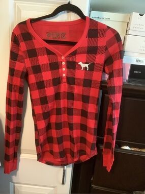 PINK Red & Black Plaid Henley Top